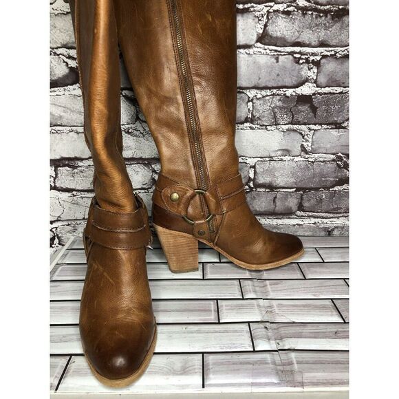 Frye Tan Brown Leather Harness Side Zipper Heel Boots Women Sz 6M US/37EU - Picture 12 of 15